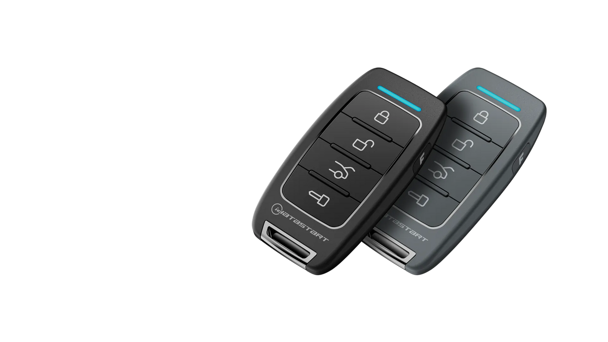 iDatastart R225 and R225G five-button two-way remotes side by side