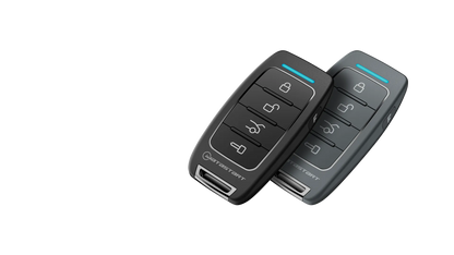 iDatastart R225 and R225G five-button two-way remotes side by side