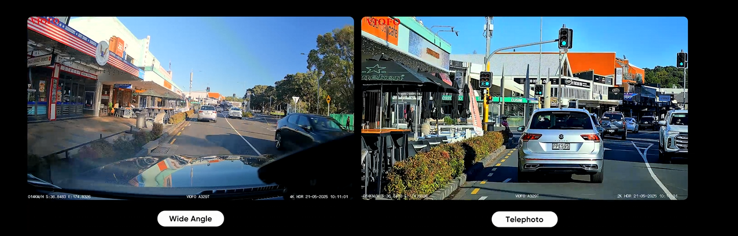 Viofo A329T 3CH "Concierge" Package showing wide angle and telephoto views with professional installation by Connected Car Experts.