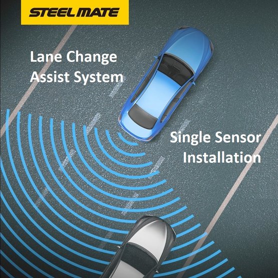 Steelmate SBS-2 Blind Spot Detection Kit with Radar Sensor showing lane change assist and single sensor, professional installation.