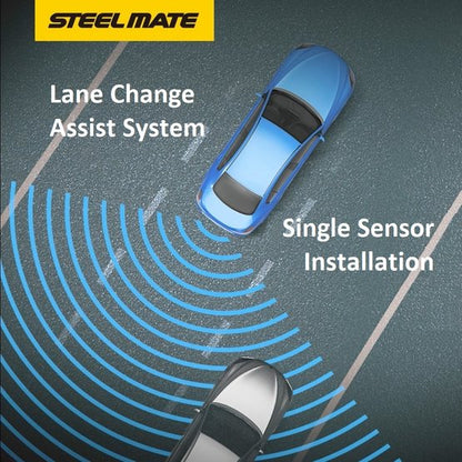 Steelmate SBS-2 Blind Spot Detection Kit with Radar Sensor showing lane change assist and single sensor, professional installation.