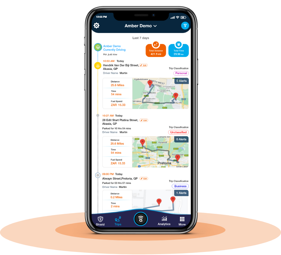 Amber C413 GPS Tracker with 1 Year Subscription app showing vehicle trips and alerts with fast shipping and professional installation available