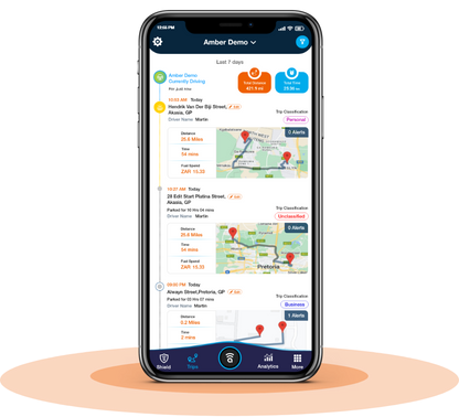 Amber C413 GPS Tracker with 1 Year Subscription app showing vehicle trips and alerts with fast shipping and professional installation available