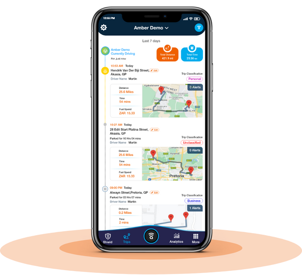Amber C413 GPS Tracker with 1 Year Subscription app showing vehicle trips and alerts with fast shipping and professional installation available