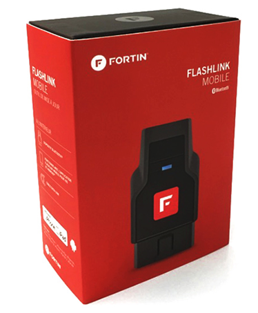 Red and black packaging featuring a compact automotive module with Bluetooth connectivity and Fortin branding visible on front panel