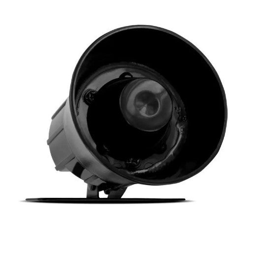 Black vehicle security siren horn with protective cone and mounting bracket on a white background
