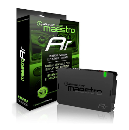 Universal car radio interface module with black casing and packaging box featuring green and black design elements.