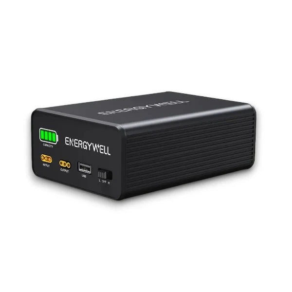 Black rectangular portable power supply with USB port, capacity indicator, and multiple output connectors on white background