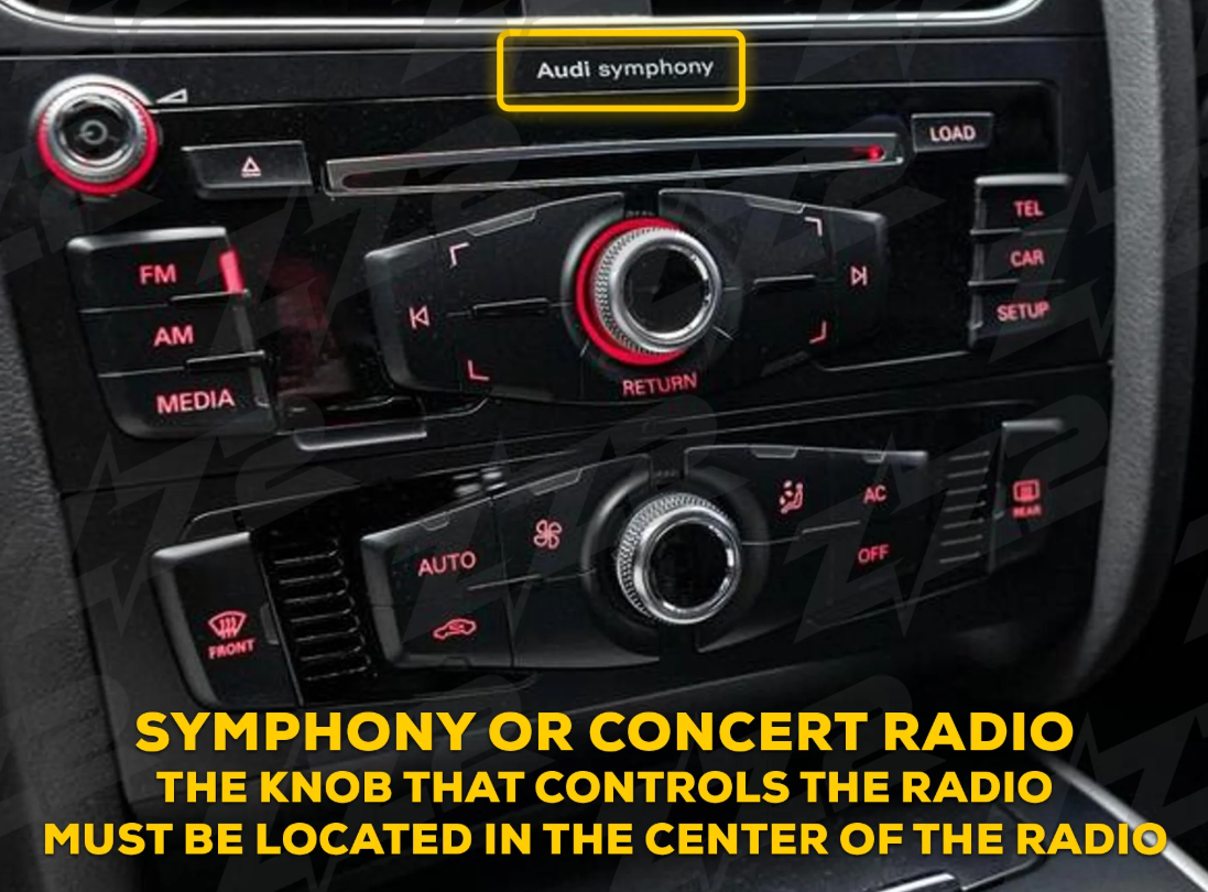 Close-up of an Audi car radio and climate control panel highlighting the central control knob and labeled Audi Symphony system.