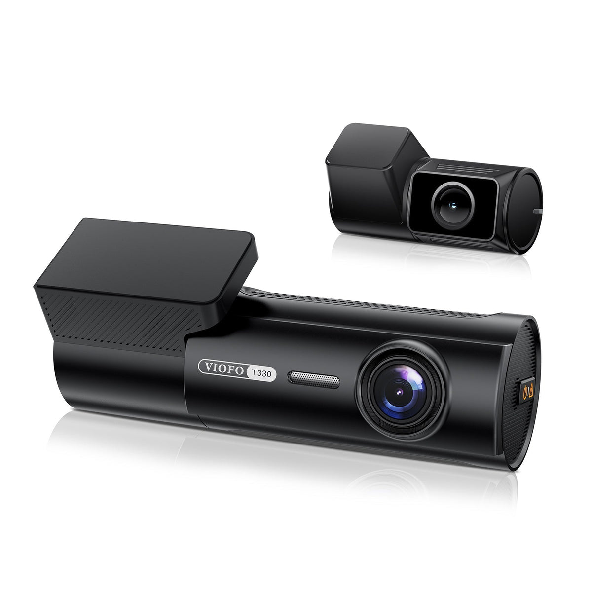 Viofo T330 2CH front and rear cameras, three-quarter view