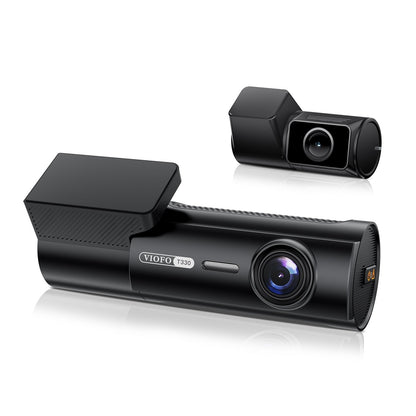 Viofo T330 2CH front and rear cameras, three-quarter view