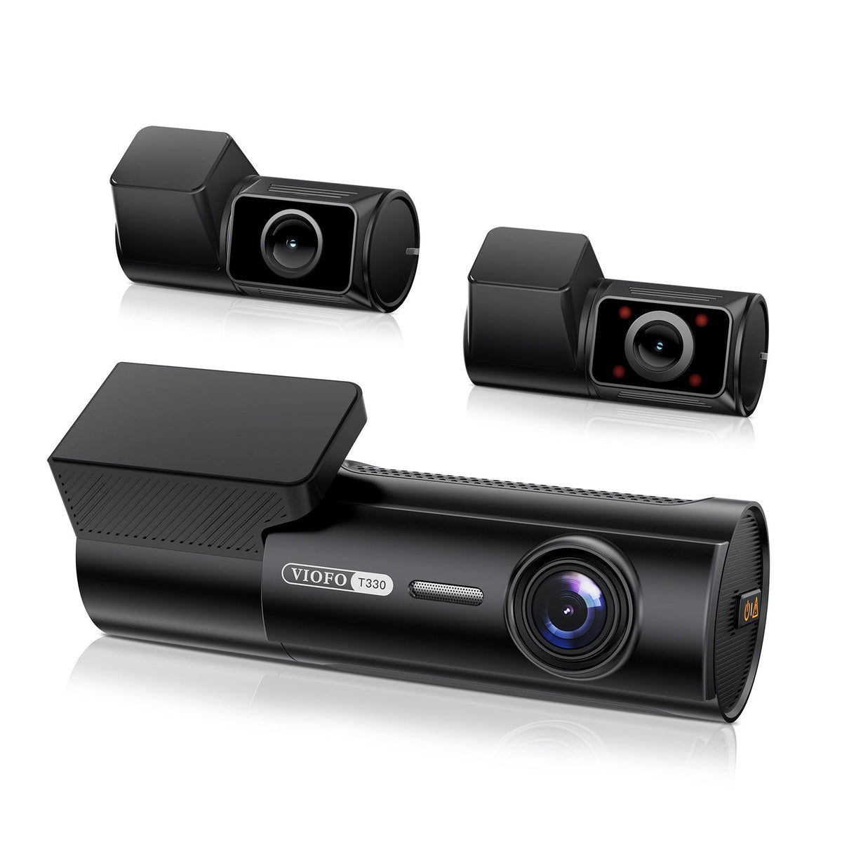 Viofo T330 3CH front, rear and infrared cabin cameras, three-quarter view