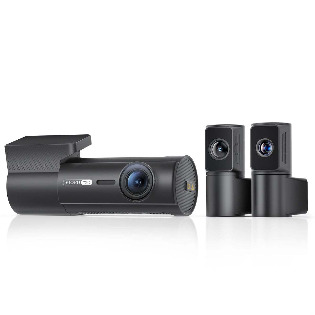 Viofo T340 4CH main unit, telephoto and rear cameras, three-quarter view