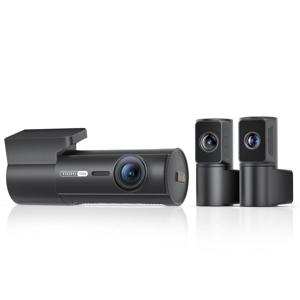 Viofo T340 4CH main unit, telephoto and rear cameras, three-quarter view