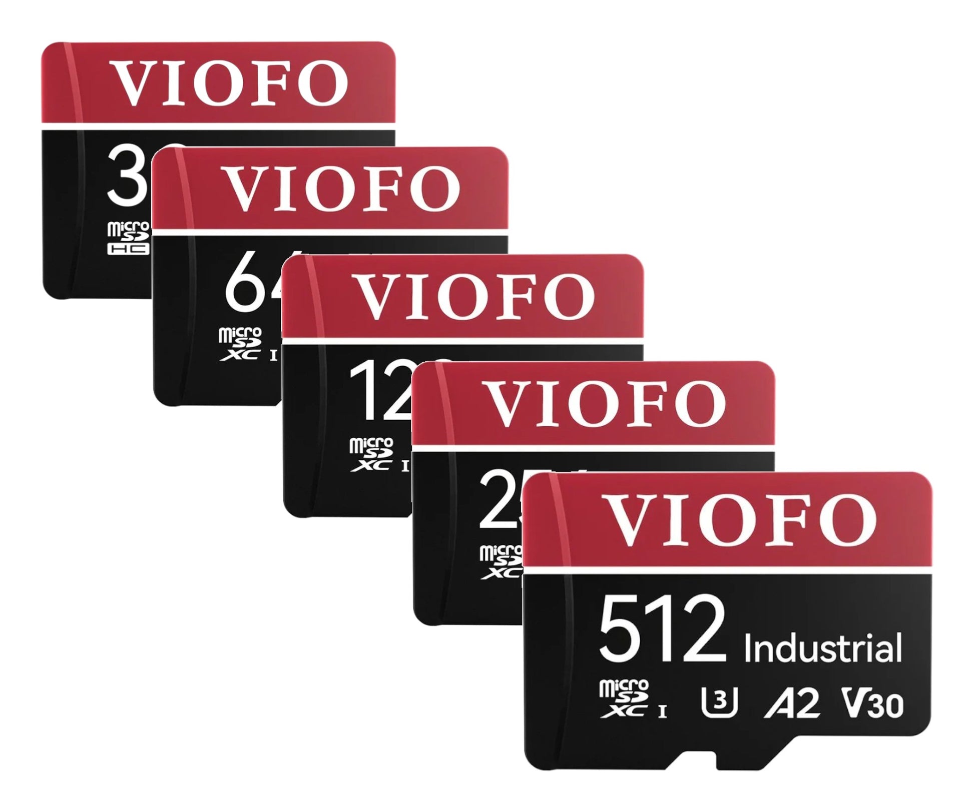 Viofo MicroSD Memory Card lineup with varying storage capacities, ideal for dash cameras and vehicle security systems.