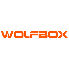 Orange uppercase WOLFBOX text logo with a modern angular font on a white background representing vehicle security technology