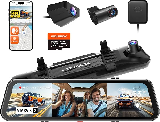 Wolfbox G900 TriPro Cabin Monitor Mirror Dash Camera, 4K+1080p+2.5K @ 30fps, 256GB, Touchscreen, WiFi, GPS
