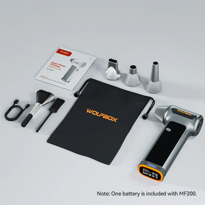 Wolfbox MF200 Electric Air Duster with multiple nozzles, cleaning brushes, USB cable, storage pouch Professional Installation Fast Shipping Connected Car Experts