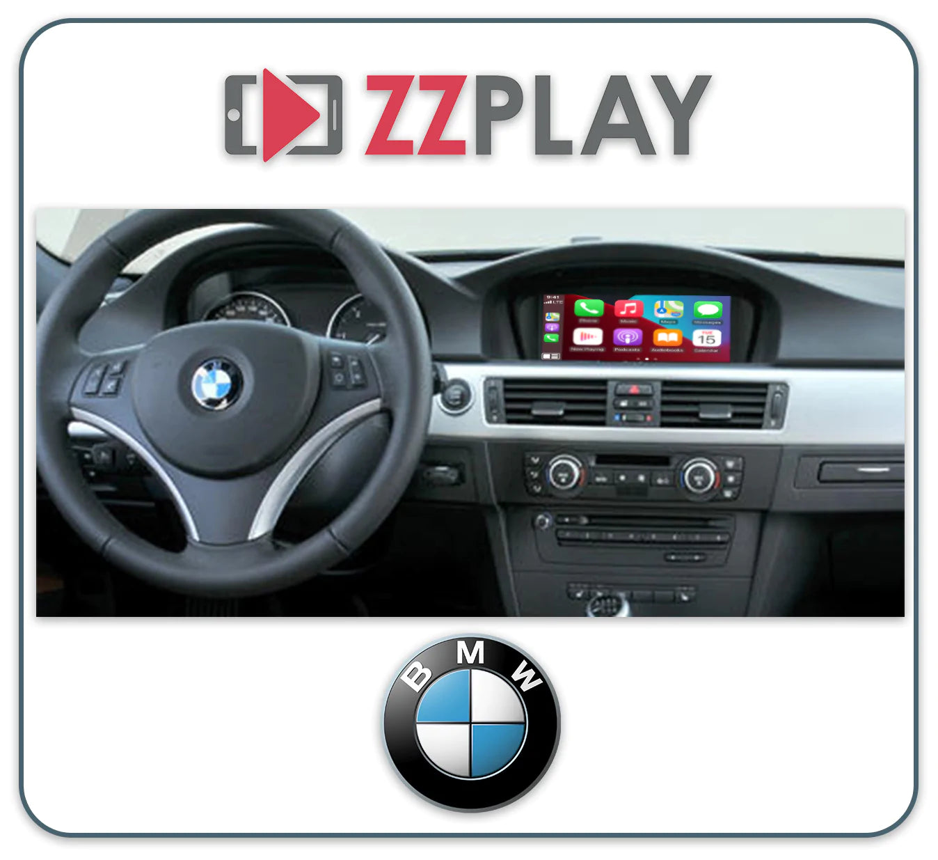 BMW dashboard with steering wheel and screen showing CarPlay interface for ZZ-2 IT3-CIC Wireless CarPlay and Android Auto Interface ⭕ Fits CIC Radio connected Car experts