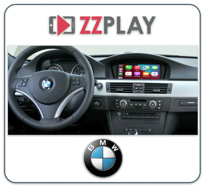 BMW dashboard with steering wheel and screen showing CarPlay interface for ZZ-2 IT3-CIC Wireless CarPlay and Android Auto Interface ⭕ Fits CIC Radio connected Car experts