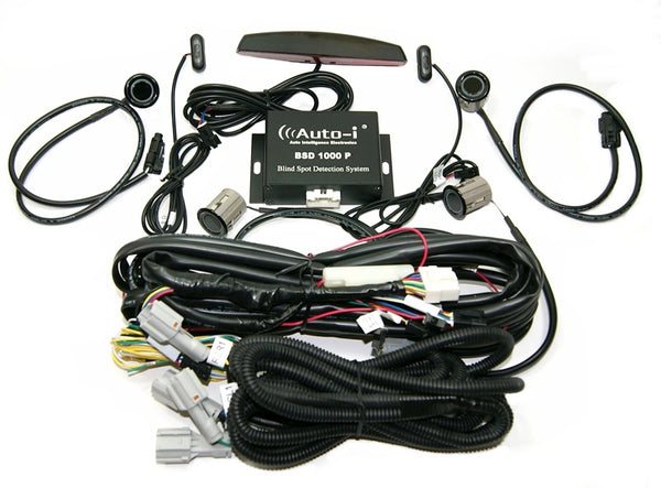Auto-i BSD1000P ultrasonic blind spot detection kit with rear parking sensors and wiring harnesses