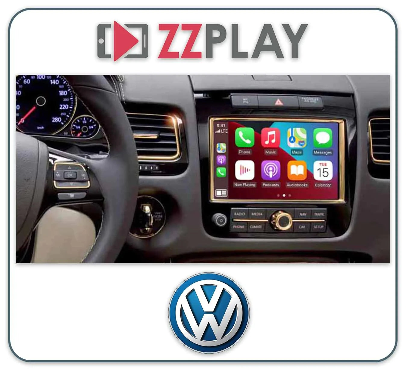 Interior dashboard view showing Volkswagen car with ZZ-2 ITZ-TRG Wireless CarPlay and Android Auto Interface ⭕ NOT a Plug and Play Solution installed