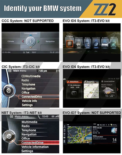 Comparison chart showing BMW system interfaces with ZZ-2 IT3-CIC Wireless CarPlay and Android Auto Interface ⭕ Fits CIC Radio, professional installation.
