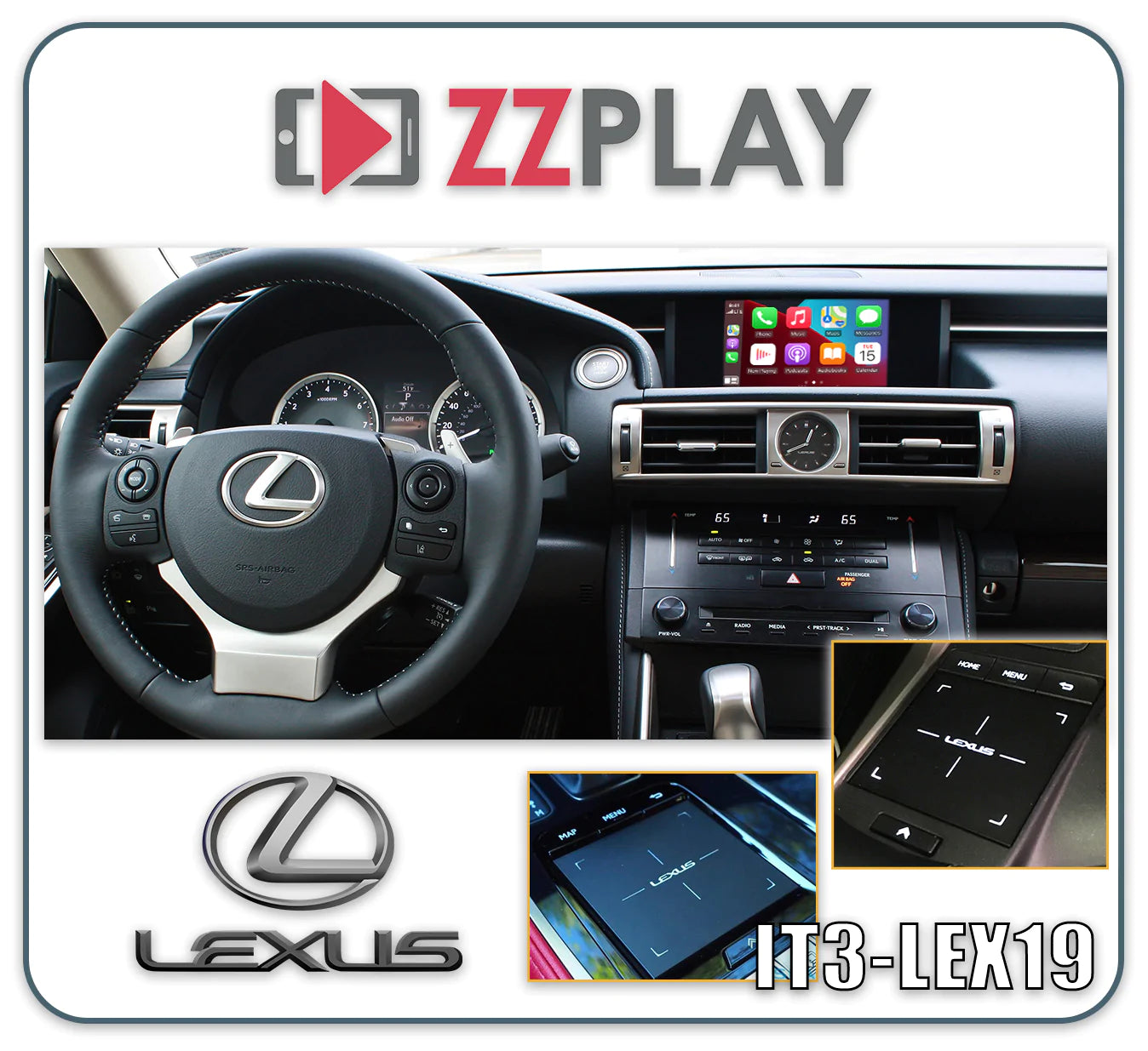 Interior view of Lexus dashboard showing steering wheel and screen with ZZ-2 IT3-LEX19 Wireless CarPlay and Android Auto Interface ⭕ Fits 12.3" Screen with Large Touchpad professional installation and fast shipping by Connected Car Experts