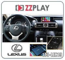 Interior view of Lexus dashboard showing steering wheel and screen with ZZ-2 IT3-LEX19 Wireless CarPlay and Android Auto Interface ⭕ Fits 12.3" Screen with Large Touchpad professional installation and fast shipping by Connected Car Experts
