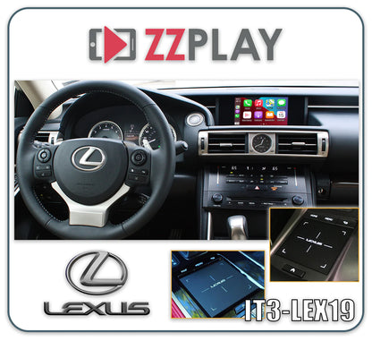 Interior view of Lexus dashboard showing steering wheel and screen with ZZ-2 IT3-LEX19 Wireless CarPlay and Android Auto Interface ⭕ Fits 12.3" Screen with Large Touchpad professional installation and fast shipping by Connected Car Experts