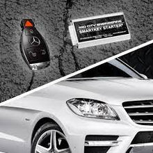 Mid City Engineering SKS220C Plug and Play Remote Starter key fob and installation card with luxury car front grille visible, professional installation.