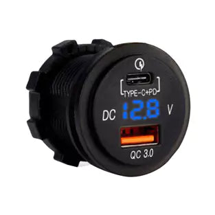 Accele USBR-QC USB + USB-C Port with Voltage Meter | Works with Apple CarPlay & Android Auto - Lockdown Security