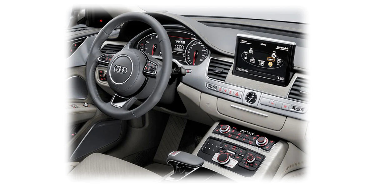 Interior view of Audi car dashboard featuring ZZ-2 IT3-MMI3G-A8 Wireless CarPlay and Android Auto Interface ⭕ Fits 3G MMI Radio with professional installation
