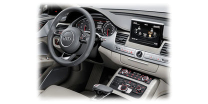 Interior view of Audi car dashboard featuring ZZ-2 IT3-MMI3G-A8 Wireless CarPlay and Android Auto Interface ⭕ Fits 3G MMI Radio with professional installation