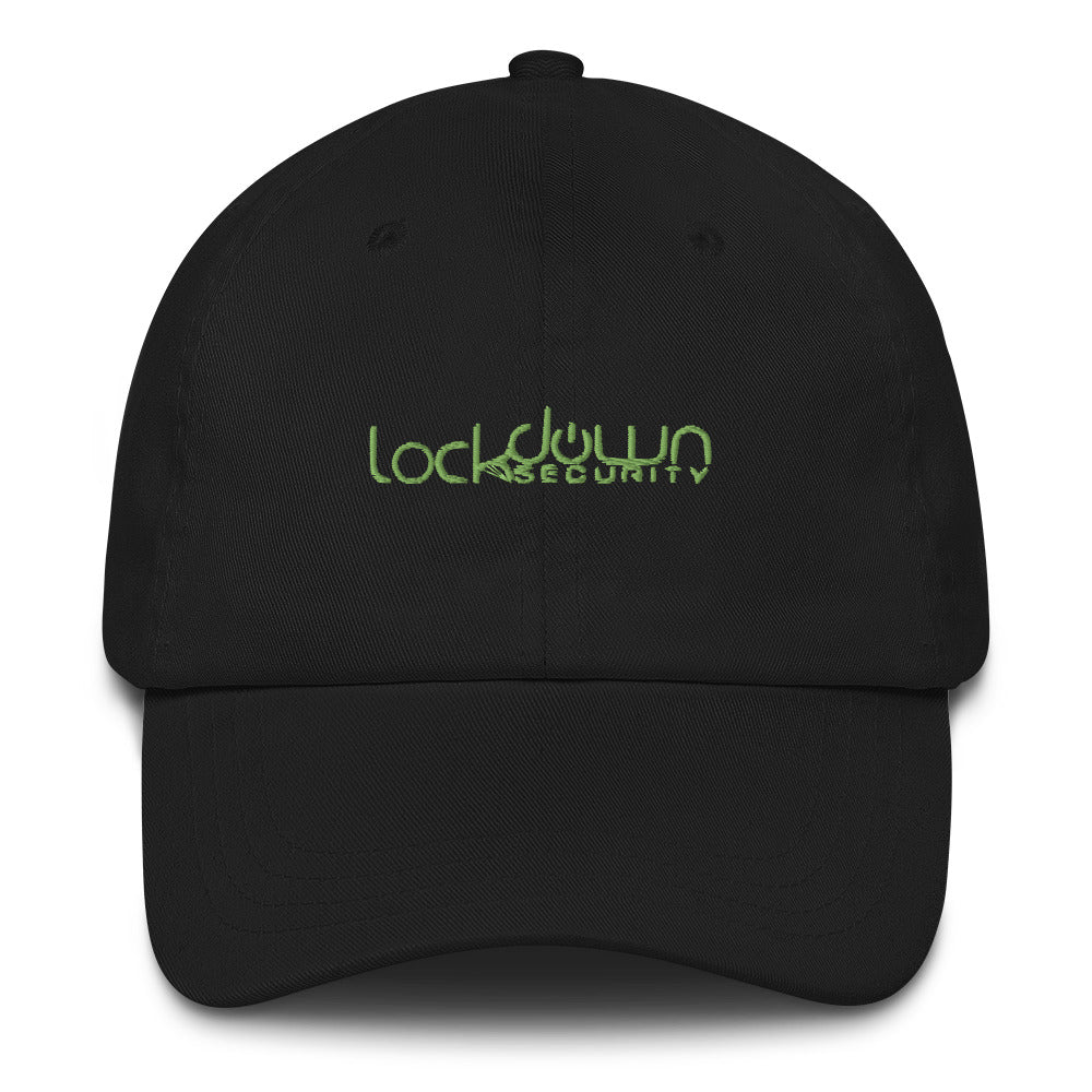 Black Lockdown Security - Dad hat with green embroidered logo, professional installation and fast shipping offered worldwide