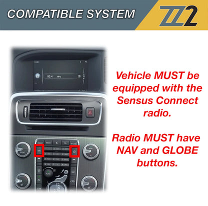 Dashboard view highlighting NAV and GLOBE buttons, showing ZZ-2 IT3-VOLVO Wireless CarPlay and Android Auto Interface, Connected Car Experts.