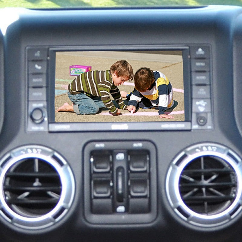 Brandmotion SUTV-8847 Jeep Wrangler 2007 - 2018 Spare Tire Camera with Interface Adapter showing children on dashboard display Professional Installation Fast Shipping